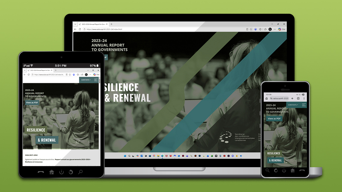 Image showing three devices displaying the responsive homepage of the HTML version of the 2023–2024 annual report of the Secretariat of Canadian Intergovernmental Conferences, titled 'Resilience & Renewal,' featuring a conference visual, diagonal graphic elements, and a button to view the PDF version.