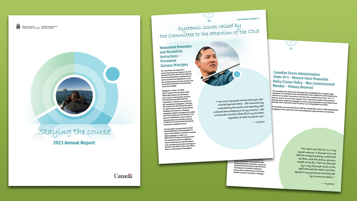 Annual report pages, portrait version, showing the cover "Staying the Course" and sections on systemic issues, harassment policies, and Reserve Force promotions.