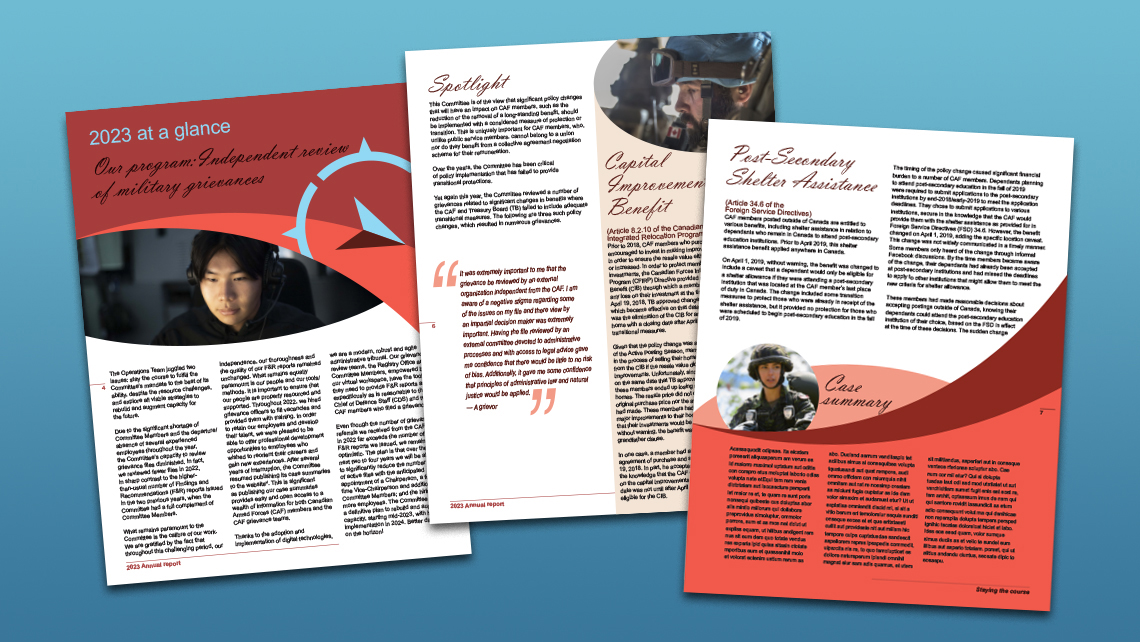 Double page, alternate style, of the 2023 annual report illustrating the Committee's activities, a Spotlight section on resettlement services, and a detailed case on post-secondary housing assistance.