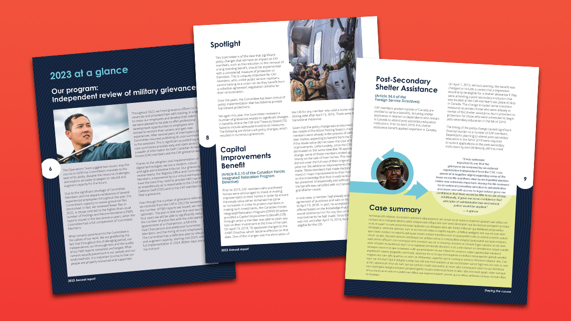 Double-page, alternative version, of the 2023 annual report showing an overview of the grievance review program, a Spotlight section on relocation benefits, and a case summary on post-secondary housing assistance.