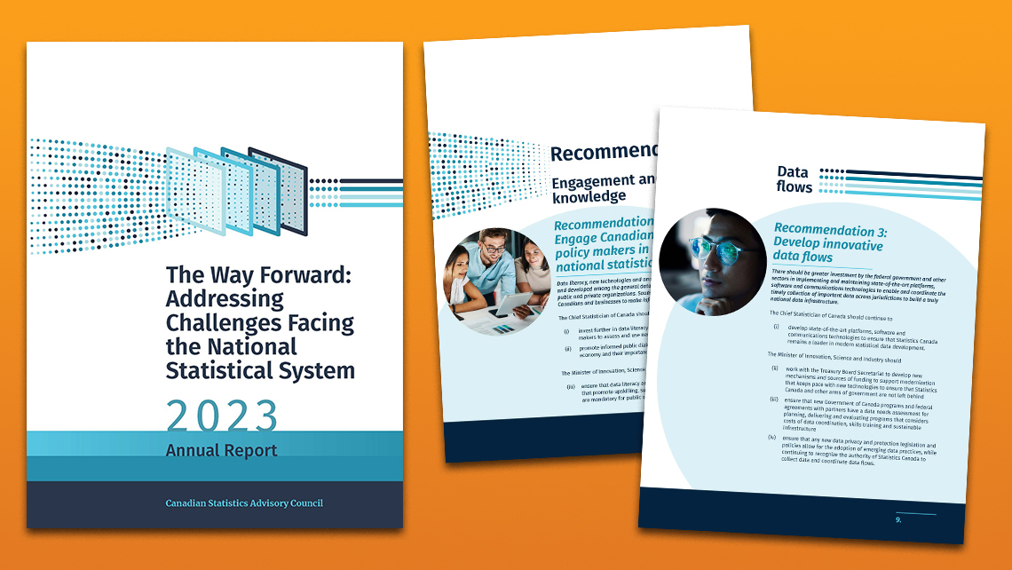 Pages du rapport annuel 2023 du CSAC « The Way Forward » présentant des recommandations sur l’engagement des décideurs, la littératie des données et le développement de flux de données innovants.