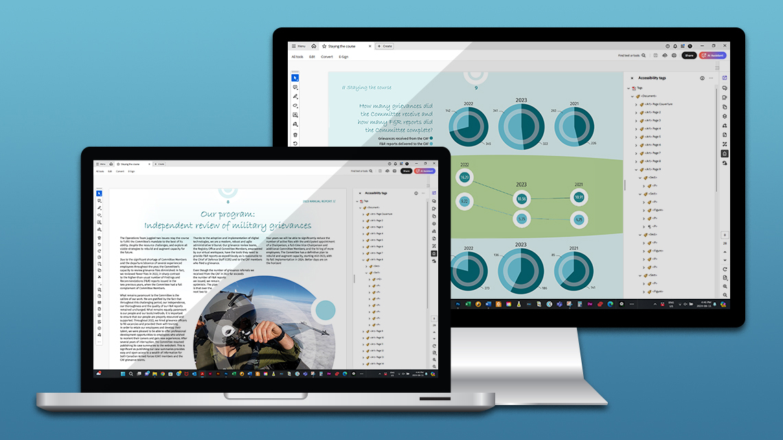 Computer screens displaying pages from the annual report "Staying the Course 2023", including a section on grievance review and statistical charts.