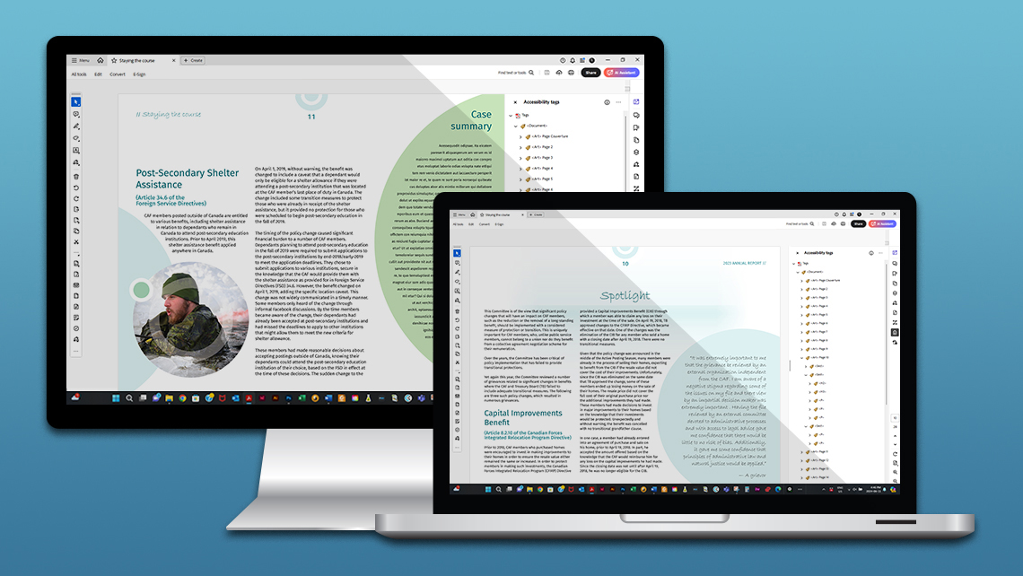 Computer screens displaying pages of the annual report, including a Spotlight section on resettlement benefits and a case summary on post-secondary housing assistance.