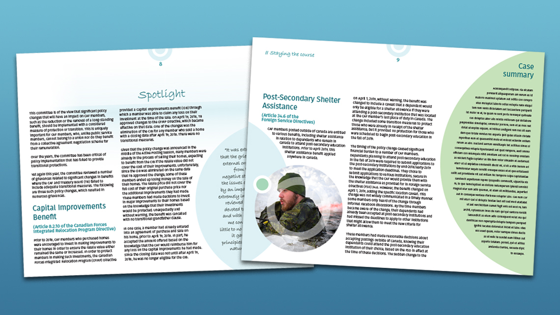 Double page of the annual report showing an analysis of resettlement services and a case summary on post-secondary housing assistance, illustrated by a photo of a soldier in winter.