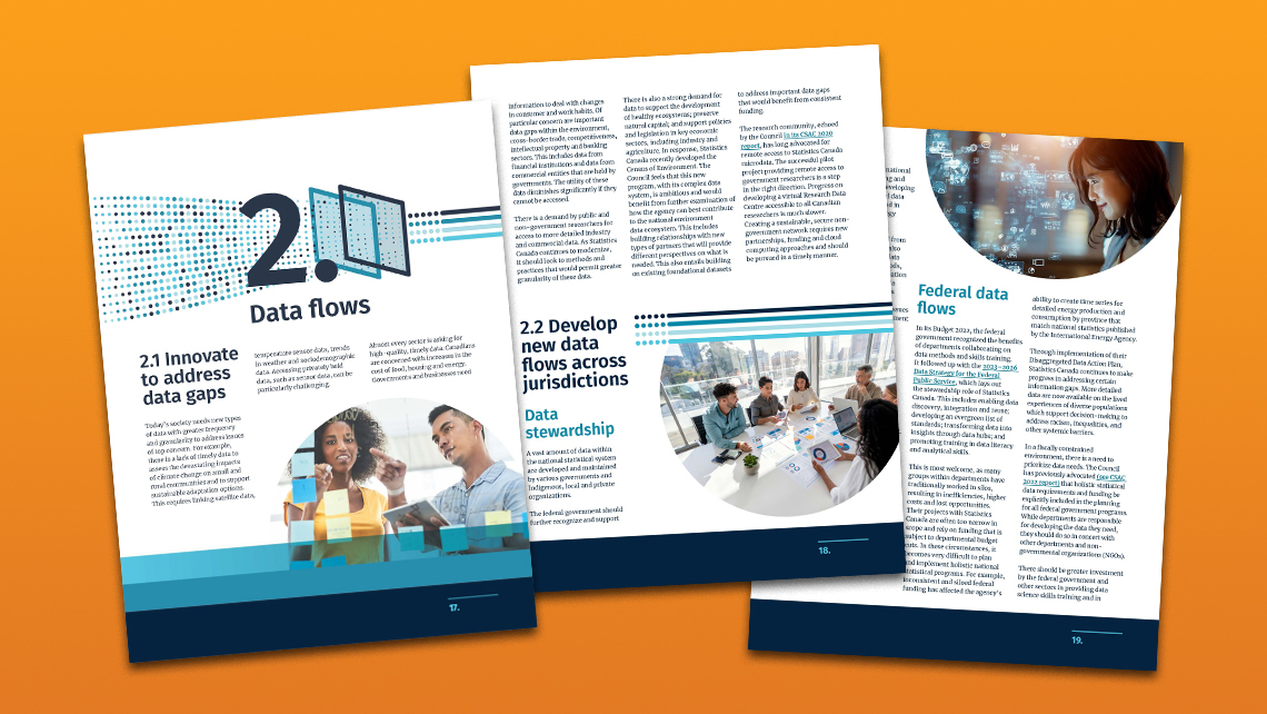 Pages d’un rapport sur la valeur des données de qualité, le leadership gouvernemental en matière de données et la collaboration intergouvernementale. Images de professionnels et mise en page moderne en bleu et blanc.
