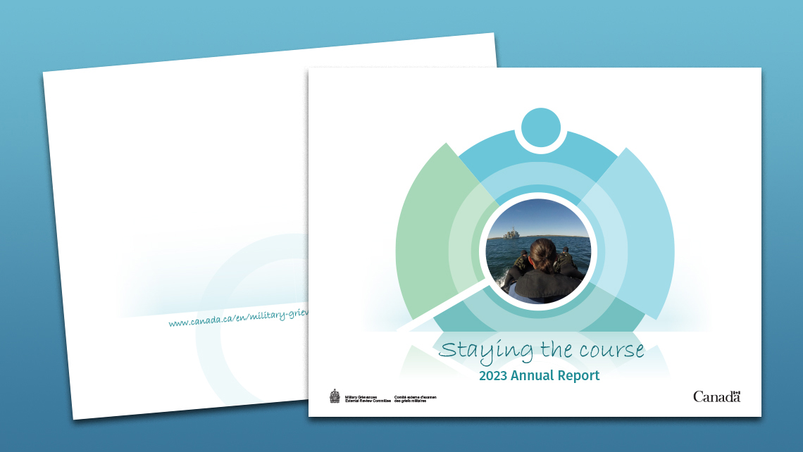 Cover and back of the 2023 annual report "Staying the Course" depicting a military member observing a ship, with the official logos of the Government of Canada.
