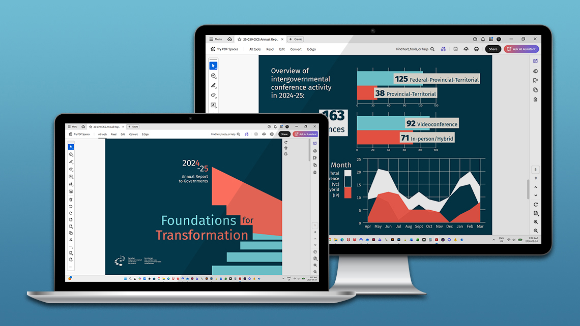 Image showing a laptop and a desktop screen displaying the alternative digital version of the 2024–2025 annual report of the Canadian Intergovernmental Conferences Secretariat, including the cover “Foundations for Transformation” and an interior page presenting an overview of the 163 conferences by type, format, and month.