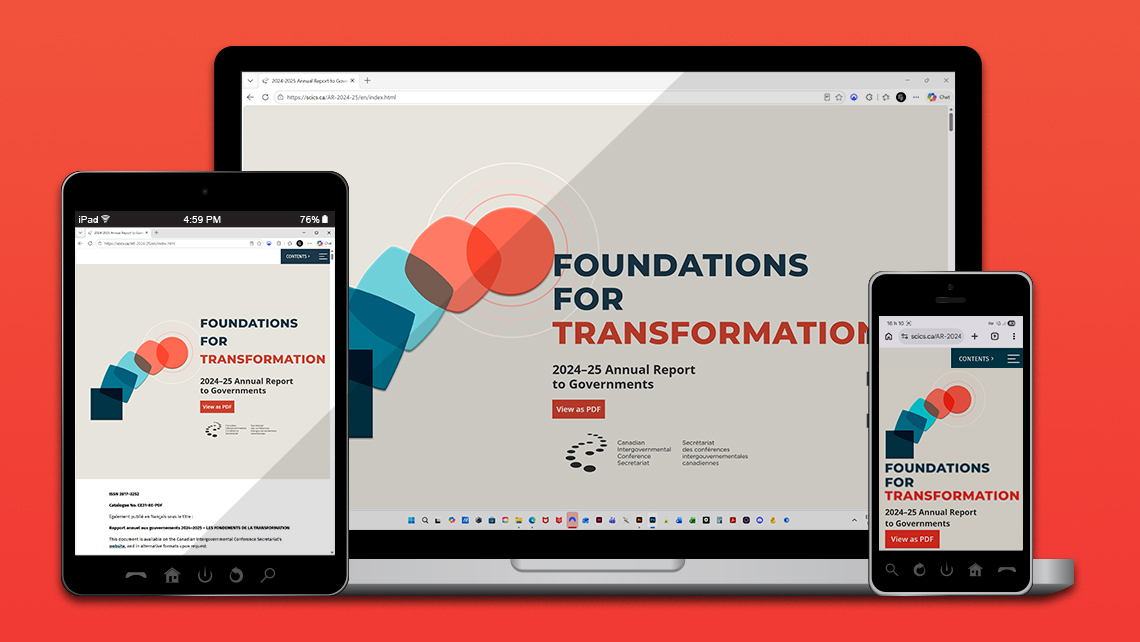 Image showing three devices displaying the responsive homepage of the HTML version of the 2024–2025 annual report of the Secretariat of Canadian Intergovernmental Conferences, titled "Foundations for Transformation," with geometric graphic elements and a button allowing access to the PDF version.