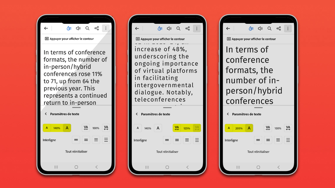 Pages of the 2024-2025 annual report with text and mobile display controls.