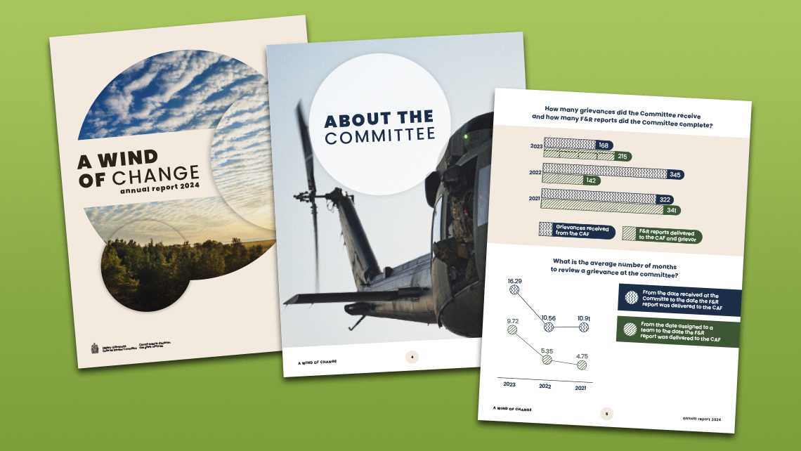 Alternative cover of the report 'A Wind of Change – Annual Report 2024' showing a sky and forest landscape in a circular pattern, followed by a page on systemic challenges with text and a quote, then an 'About the Committee' page with a photo of a military helicopter.
