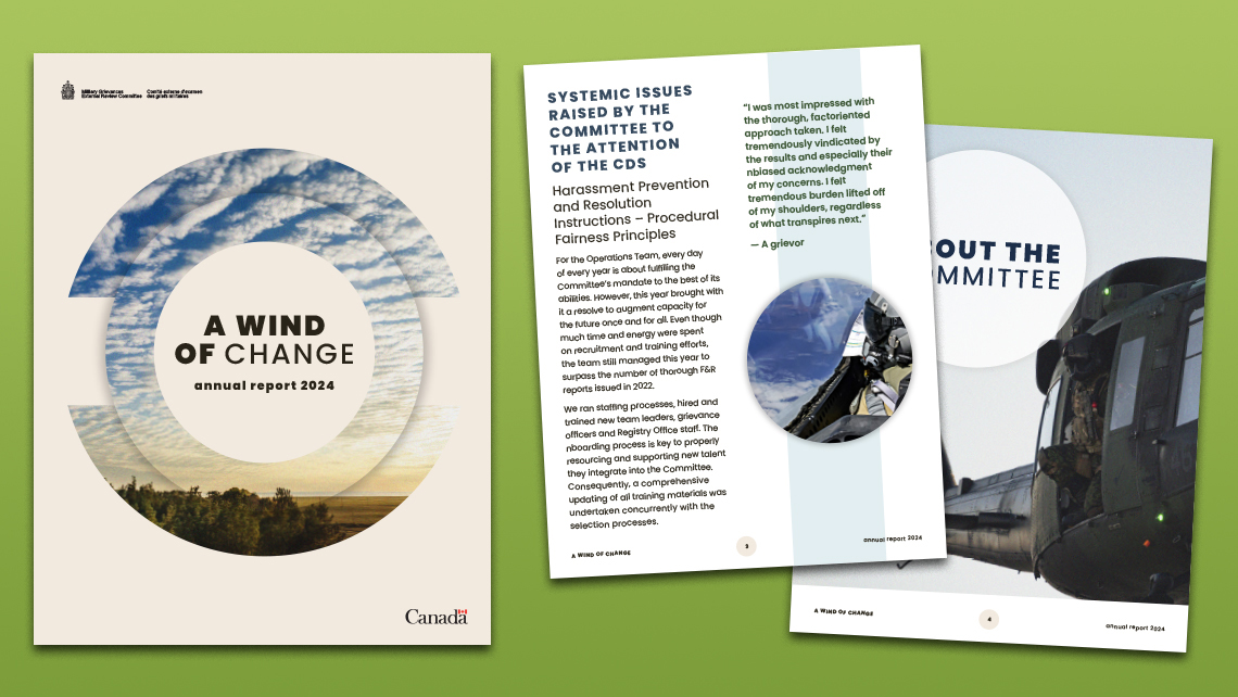 Alternative cover and internal pages of the 2024 annual report "A Wind of Change" presenting the systemic issues raised by the Committee, a testimony from a military member, and a section on the role of the Committee.