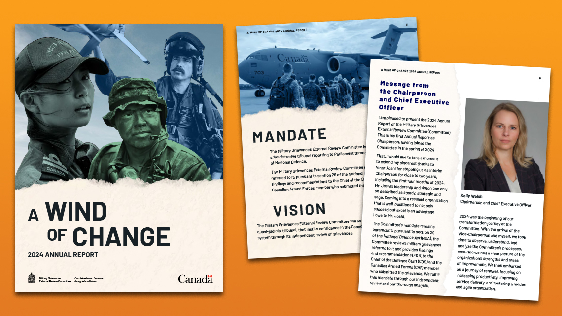 Cover and internal pages of the 2024 annual report "A Wind of Change" presenting the Committee's mandate, its vision, and a message from the Chief Executive Officer on organizational transformation.