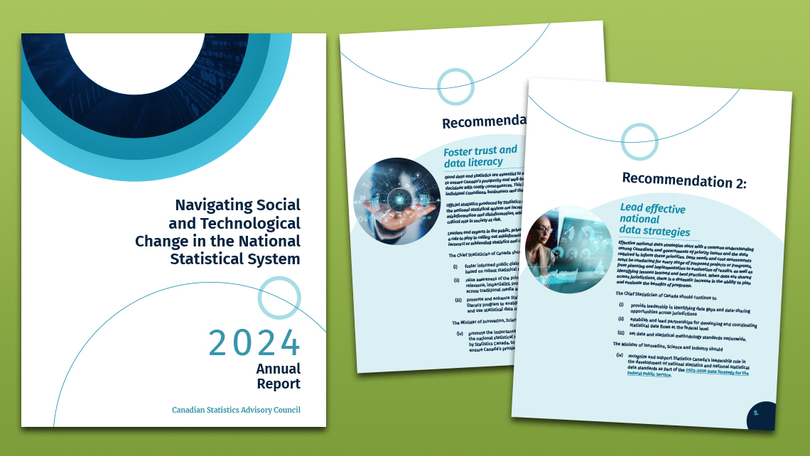 Pages d’un rapport sur l’évolution sociale et technologique du système statistique national, incluant des recommandations sur la littératie des données et les stratégies nationales. Visuels numériques illustrant des concepts de données et de technologie.