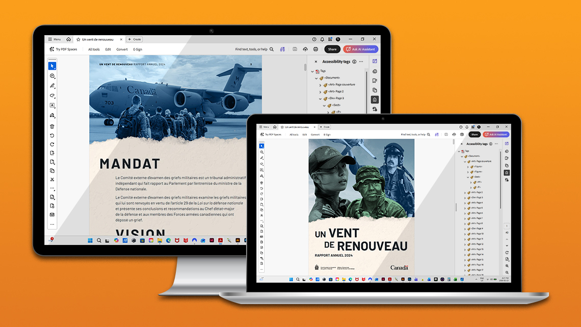 French version of the report 'A Breath of Renewal 2024' displayed on two screens, including the Mandate page and the official cover.
