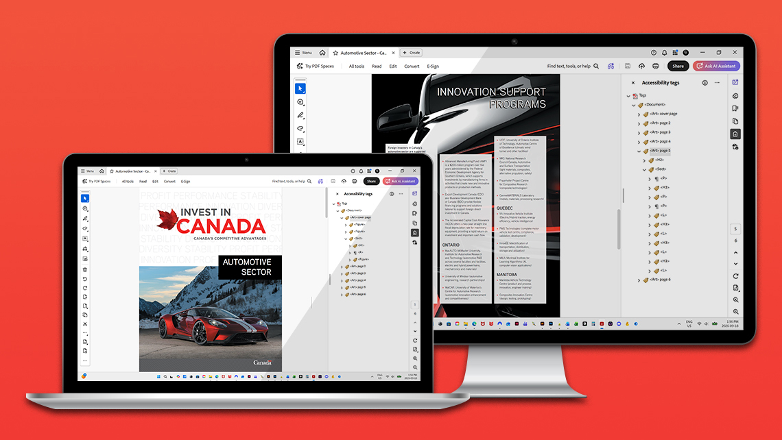 Image showing a laptop and a desktop screen displaying the accessible PDF version of the document "Invest in Canada — Automotive Sector," including the cover with a red sports car and an interior page on innovation support programs, in an accessibility review environment.