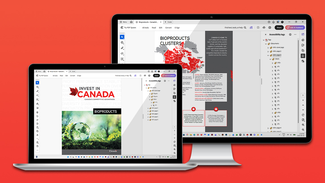 Image showing a laptop and a desktop monitor displaying the accessible PDF version of the document "Invest in Canada — Bioproducts," including the cover with a globe on green moss and an interior page presenting a map of bioproduct clusters, in an accessibility review environment.