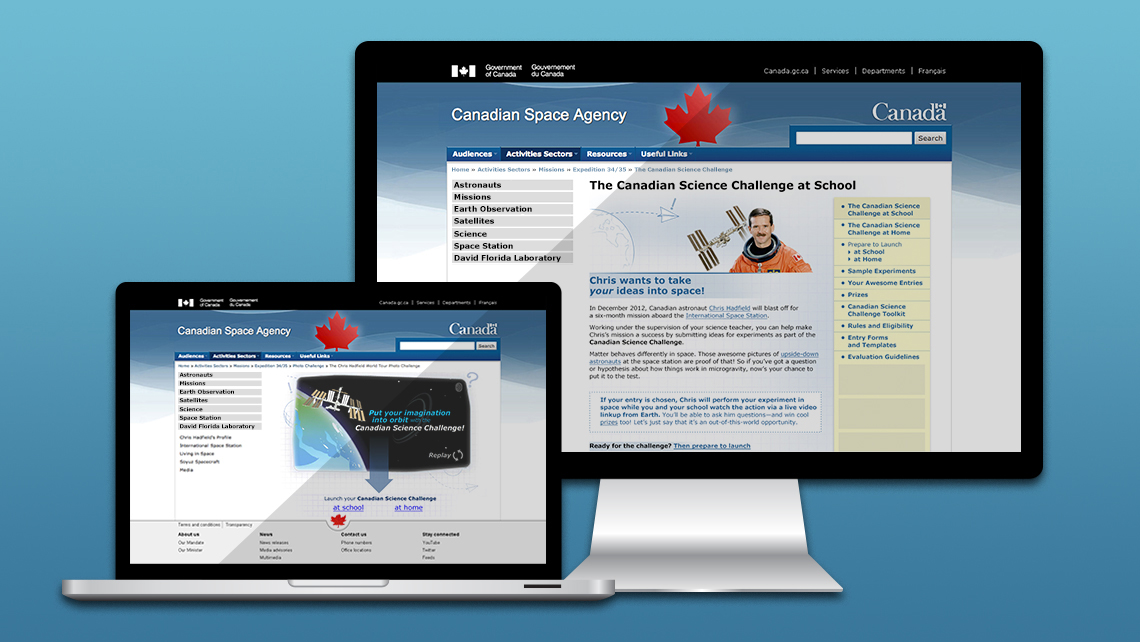 Web pages of the Canadian Space Agency presenting the scientific challenge at school with a photo of an astronaut, and an animation inviting students to imagine space experiments.