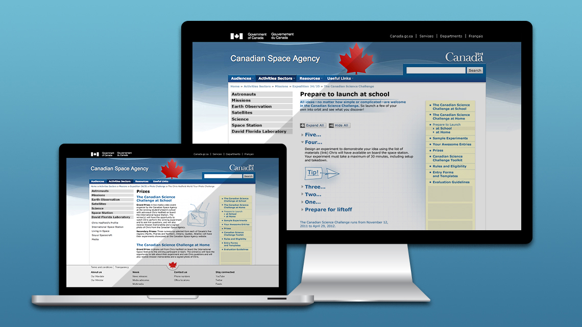 Web pages of the Canadian Space Agency showing preparation for the launch of the scientific challenge and a section describing the prizes offered to participants.