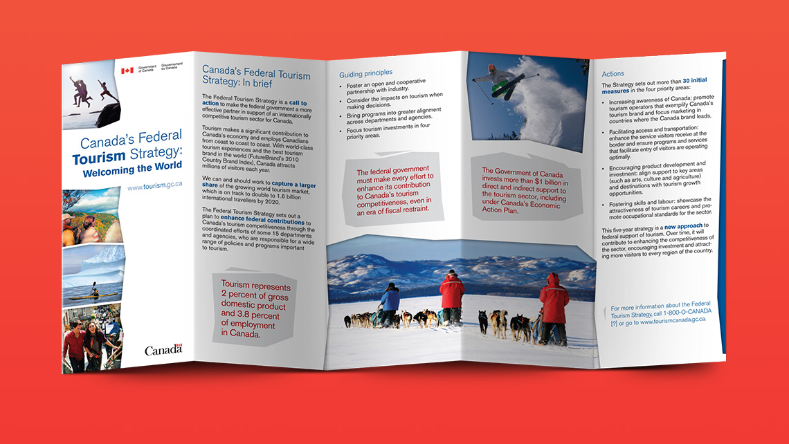 Five-panel brochure of the Federal Tourism Strategy featuring photos of tourist activities and a summary of the guiding principles.