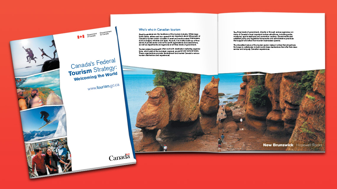 Publication "Welcoming the World" with a cover illustrating tourist activities and interior pages showing Hopewell Rocks and text about small tourism businesses.