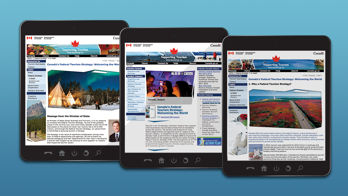 Web pages of the Federal Tourism Strategy displayed on three tablets, showcasing a ministerial message, a portrait of Toronto, and an aerial coastal view.