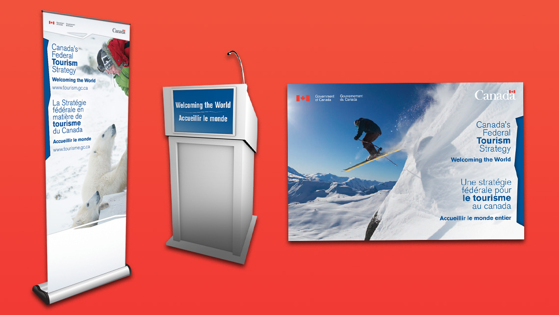 Promotional material for the Federal Tourism Strategy including a vertical banner, 'Welcoming the World' podium, and bilingual ski poster.