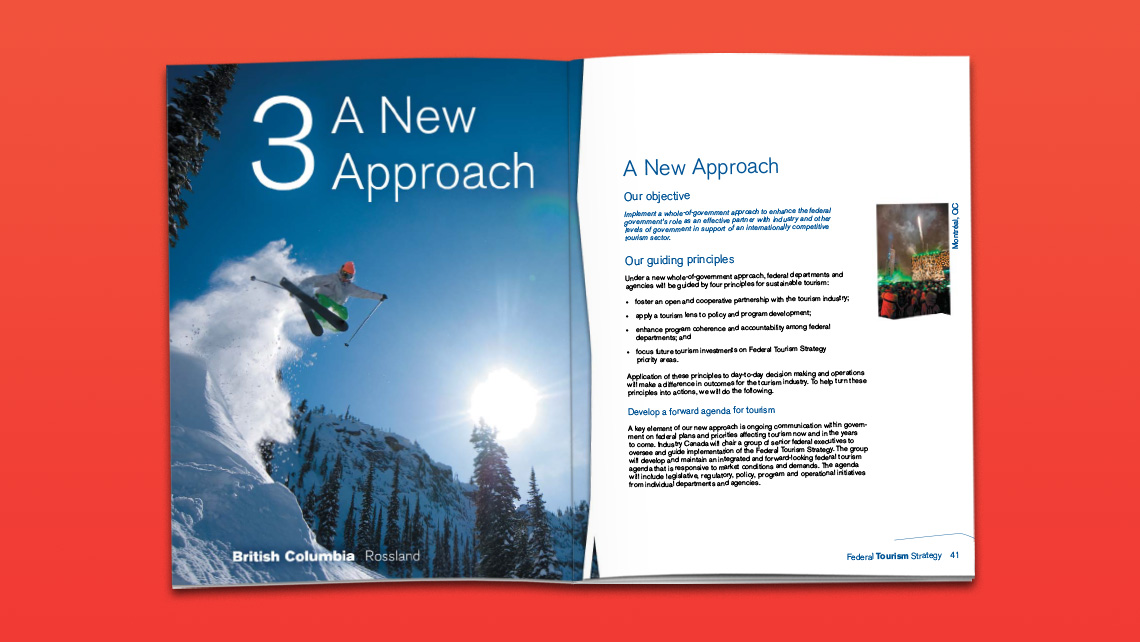 Pages from a tourism publication showing a skier in the mountains and text on the whole-of-government approach to tourism.