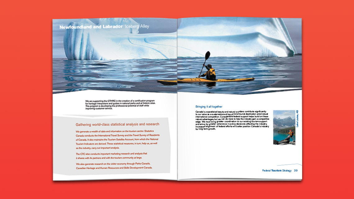 Pages of a tourism publication presenting Iceberg Alley and Lake Louise with text on research and tourism indicators.