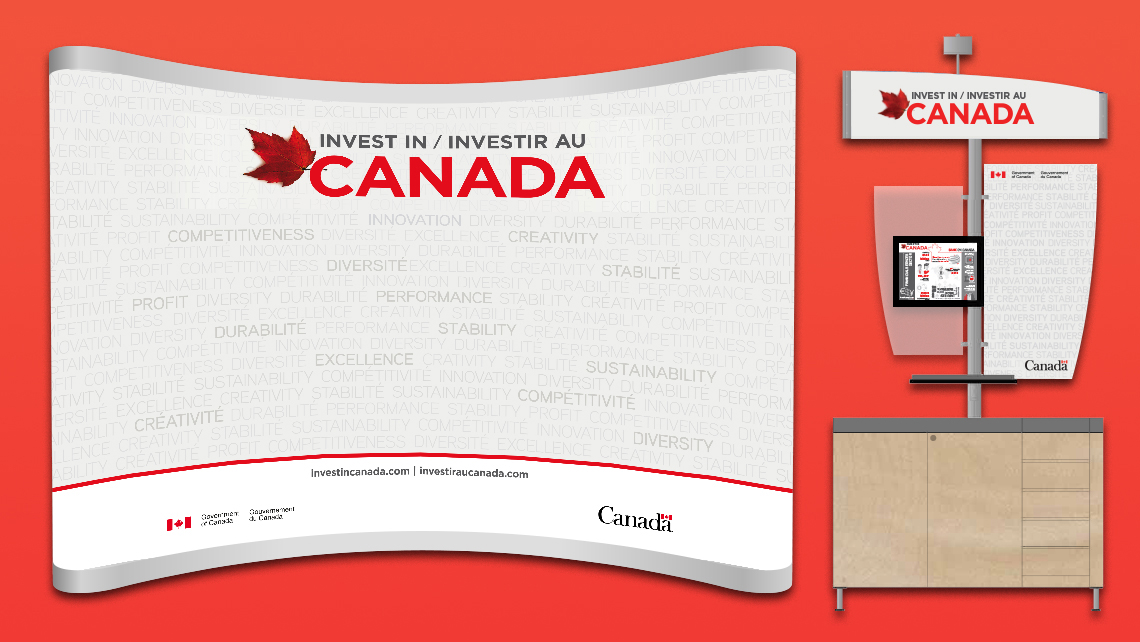 Image showing a promotional kiosk 'Invest in Canada / Investir au Canada' consisting of a large curved panel and an interactive terminal, with bilingual visual identity, red maple leaf, and keywords related to innovation, competitiveness, and sustainability.