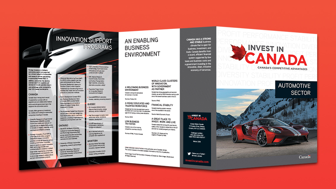 Image showing the brochure 'Invest in Canada' on the competitive advantages of the automotive sector, with a red sports car, a mountain landscape, and sections on innovation, financial stability, and the Canadian business environment.