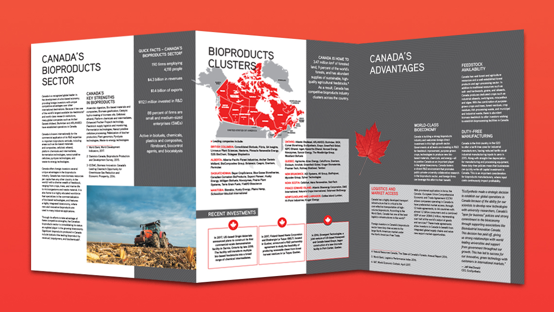 Image showing a three-panel brochure on the bioproducts sector in Canada, including a map of clusters, sector highlights, an agricultural photo, and the advantages of Canada in terms of bioeconomy and market access.