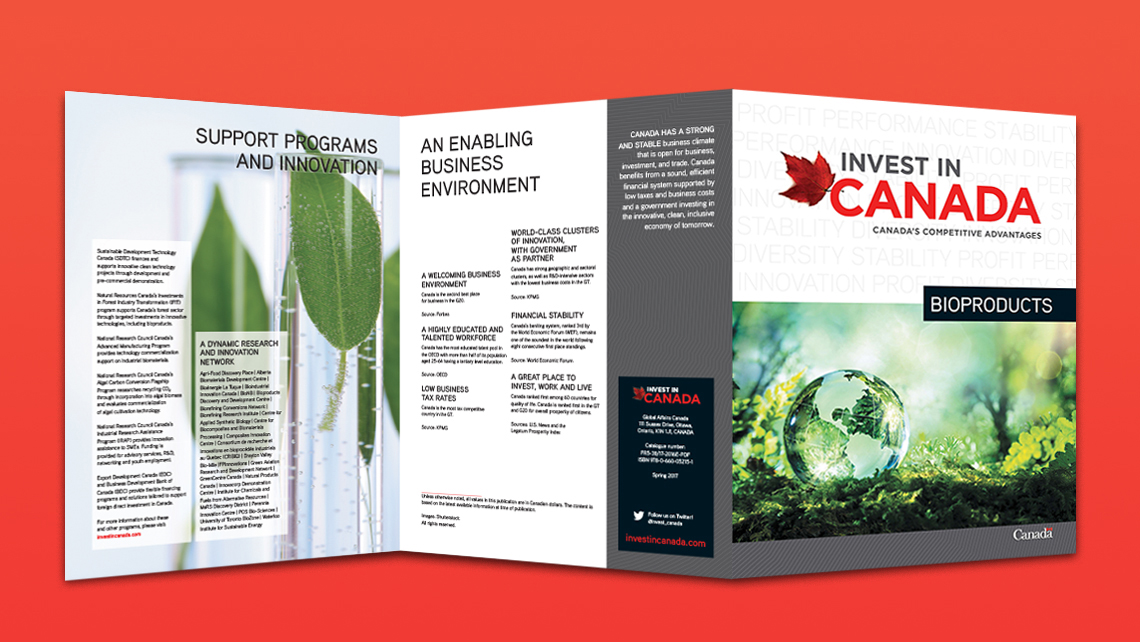 Image showing the brochure "Invest in Canada" on the competitive advantages of the bioproducts sector, with a globe placed on green moss and sections on support programs, innovation, and the Canadian business environment.