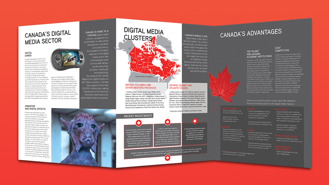 Promotional brochure on the Canadian digital media sector featuring maps, regional benefits, and visuals related to video games and digital effects.