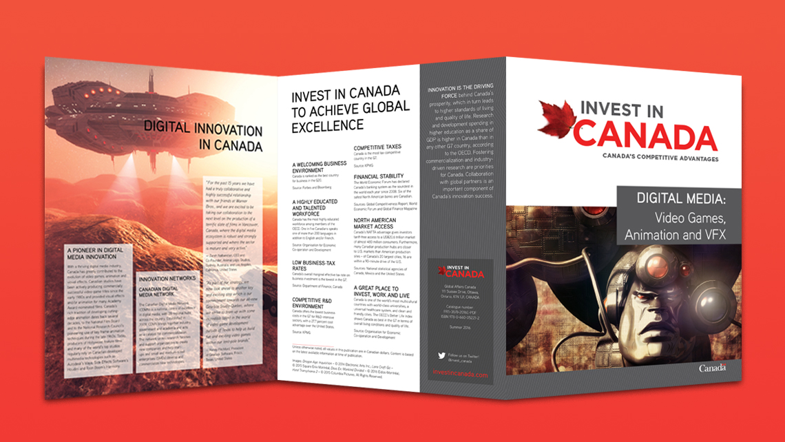 Brochure Investing in Canada on digital media presenting digital innovation, competitive advantages, and futuristic visuals.