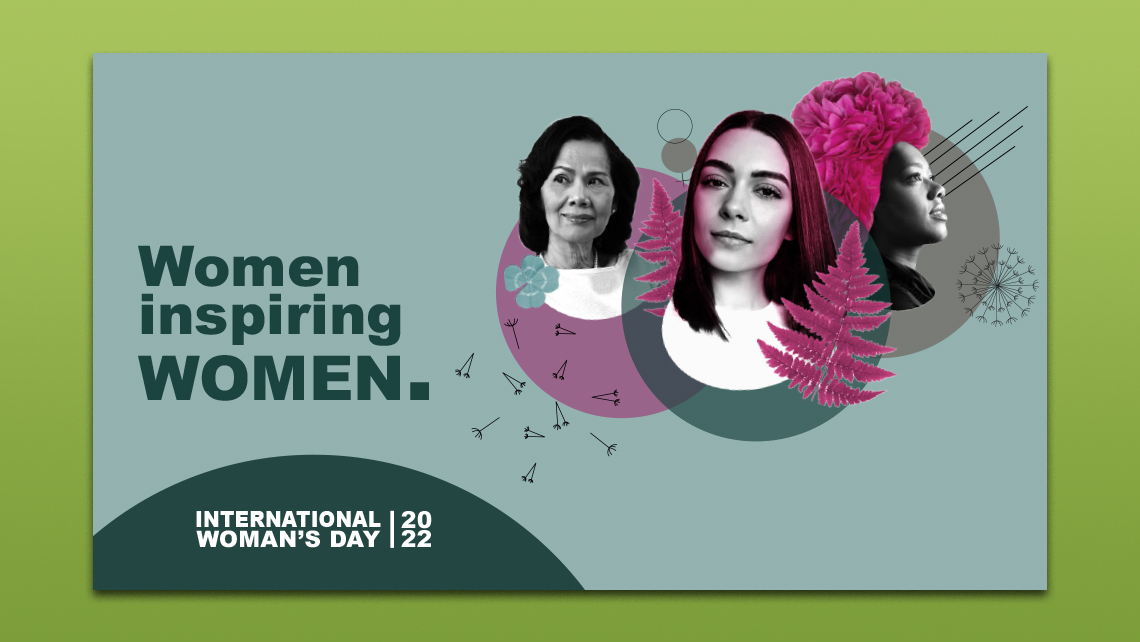 Alternative poster for International Women's Day 2022 featuring three portraits of women surrounded by geometric shapes and botanical elements on a green background.