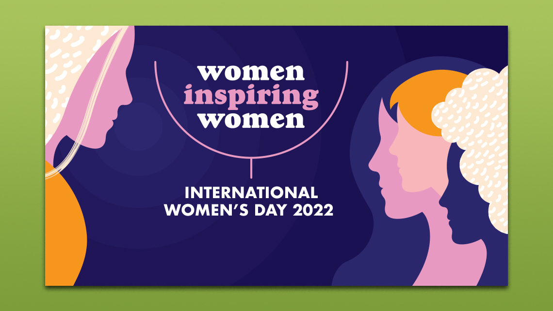 Alternative poster for International Women's Day 2022 showing four stylized silhouettes of women on a purple background.