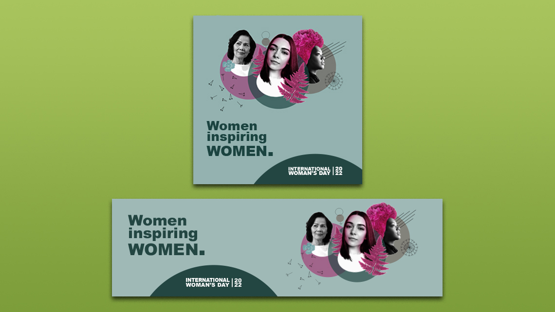 Two alternative social media posts for International Women's Day 2022 featuring three portraits of women in circular shapes and geometric patterns on a green background.