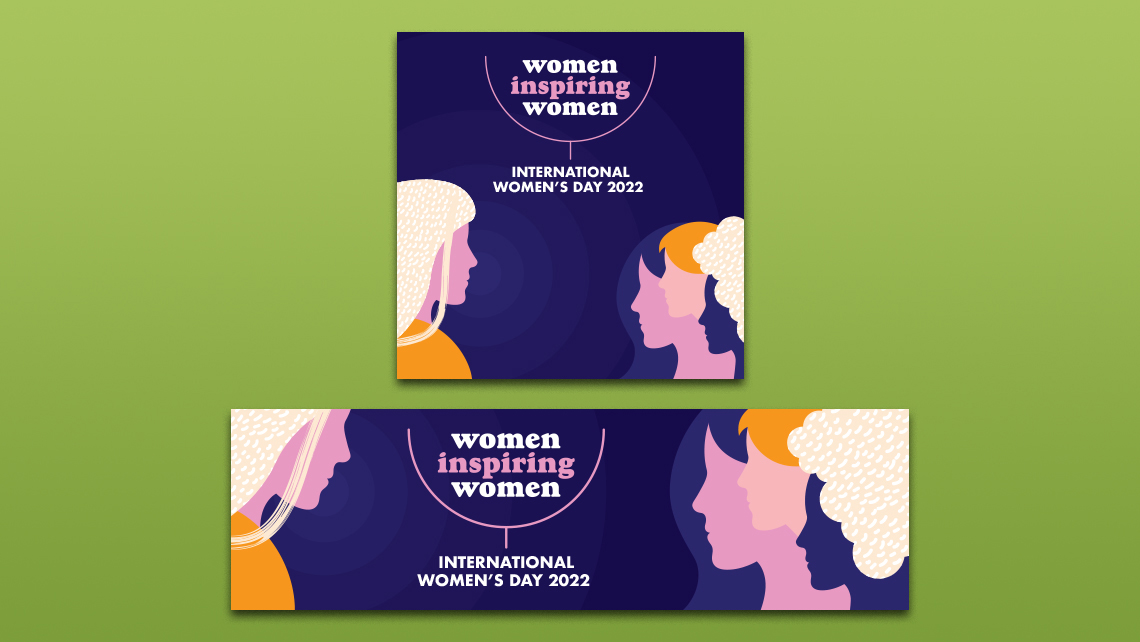 Two alternative social media posts for International Women's Day 2022 featuring four stylized silhouettes of women on a purple background.
