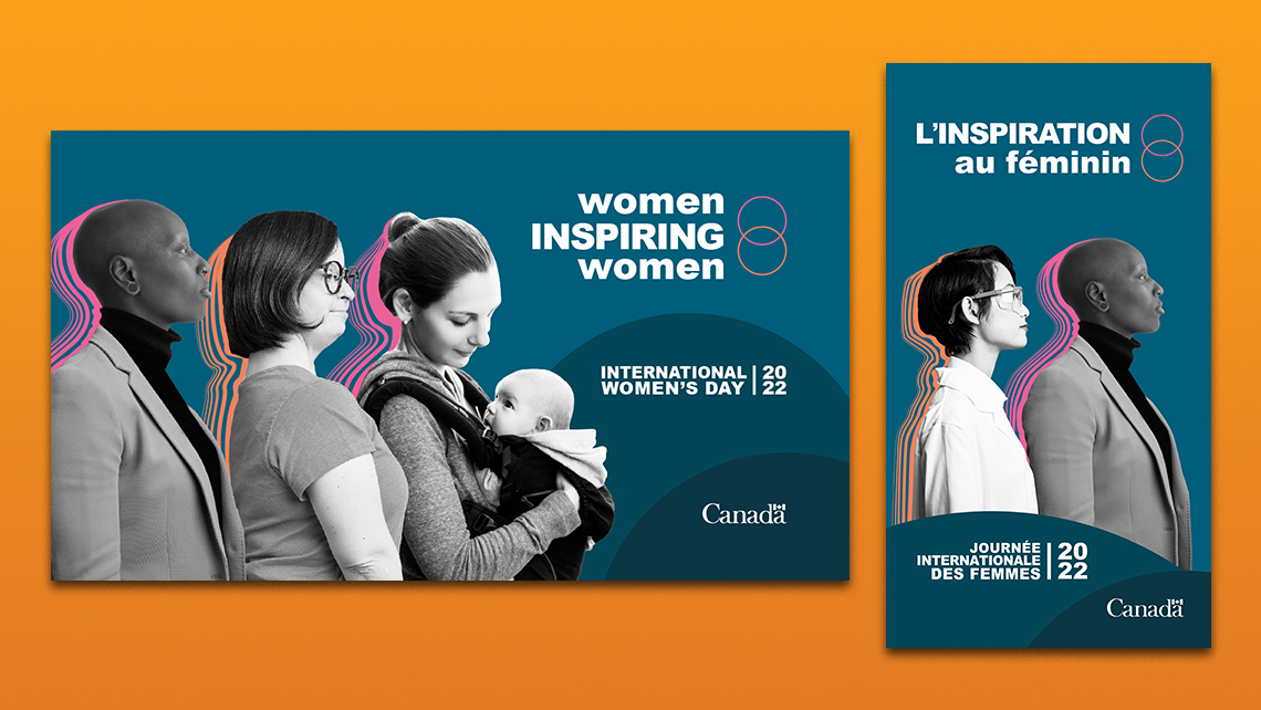 Two variants of 2022 International Women's Day social media posts showing stylized profiles of women in pink, purple, and orange on a dark blue background.
