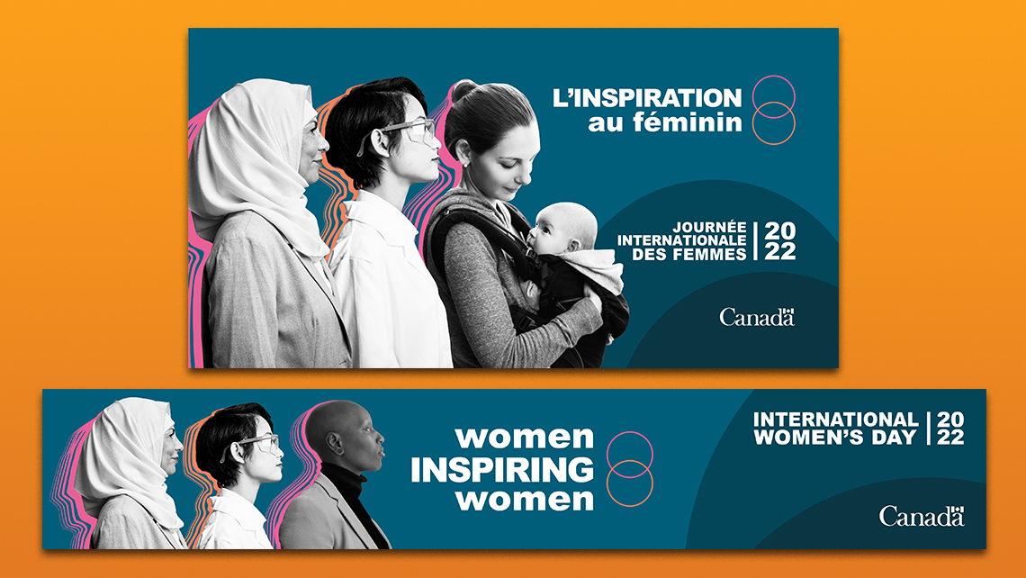 A social media post variant and a banner for International Women’s Day 2022 showing stylized profiles of women in pink, purple, and orange on a dark blue background.
