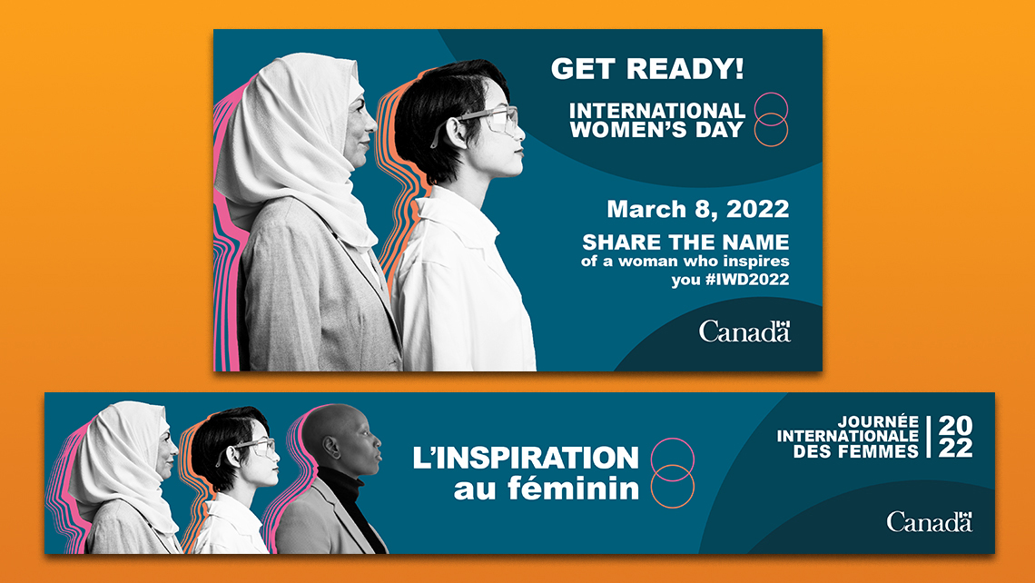 A social media post and banner for International Women's Day 2022 showing stylized profiles of women in pink, purple, and orange on a dark blue background.