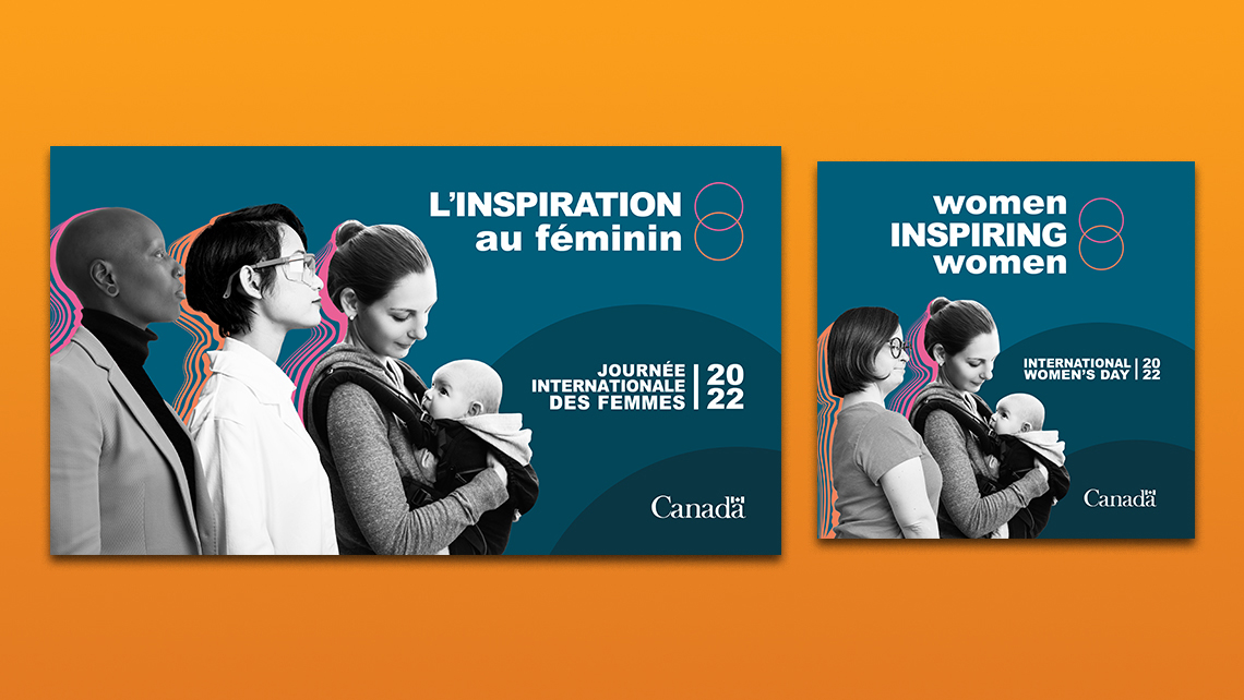 Two social media posts from International Women's Day 2022 featuring stylized profiles of women in pink, purple, and orange on a dark blue background.