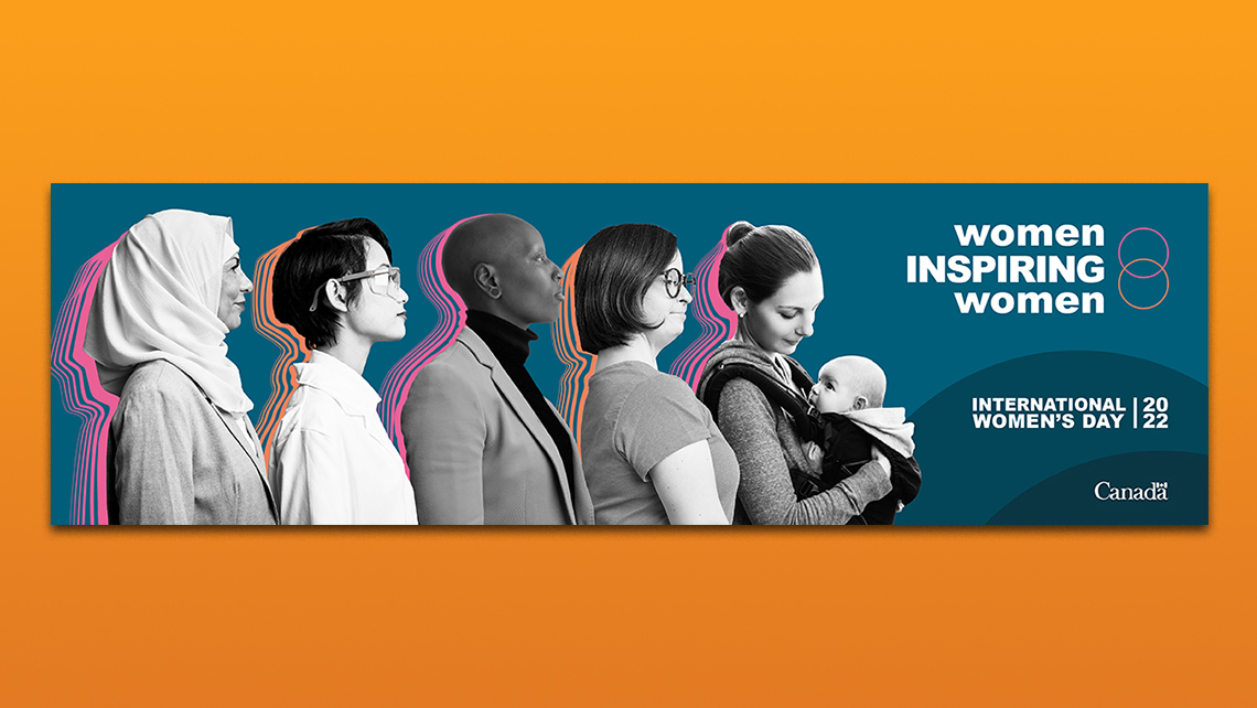 English banner for International Women's Day 2022 featuring stylized silhouettes of women in pink, orange, and purple on a dark blue background.
