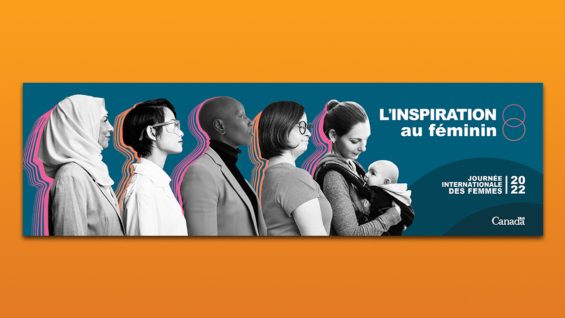French banner for International Women's Day 2022 featuring stylized silhouettes of women in pink, orange, and purple on a dark blue background.