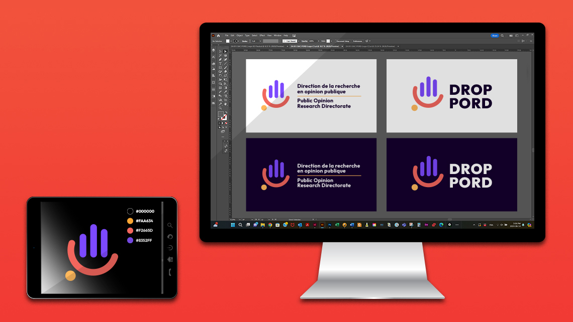 Alternative variations of the DROP/PORD logo, in the priority French version, displayed in a design software, with a color palette on a tablet.
