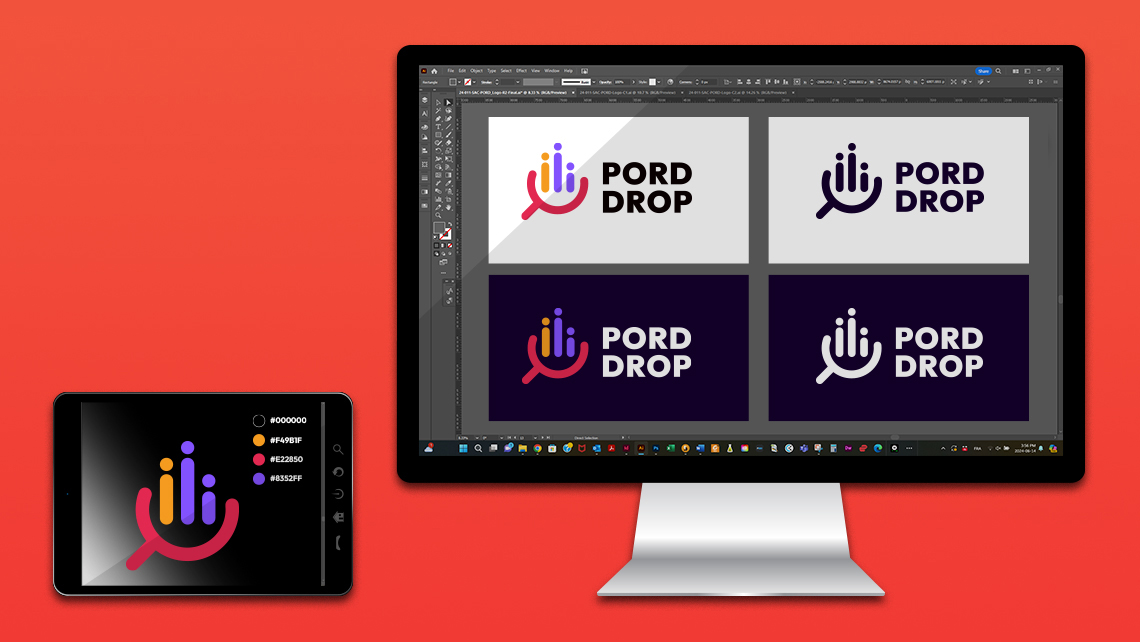 Alternative variations of the PORD DROP logo, in the priority English version, on light and dark backgrounds, accompanied by the color palette on a tablet.