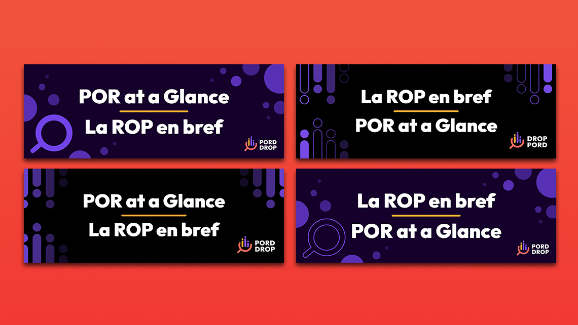 Four bilingual banners “POR at a Glance / La ROP en bref” with purple abstract patterns and PORD DROP logo.