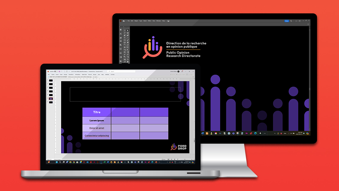 PORD DROP presentation slides displayed on computer and laptop, with table and purple graphical elements.