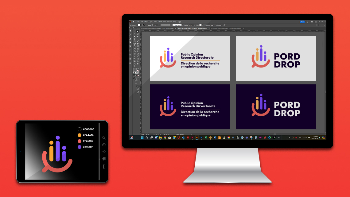 Alternative variations of the multicolored PORD DROP logo displayed in a design software, with a color palette on a tablet.