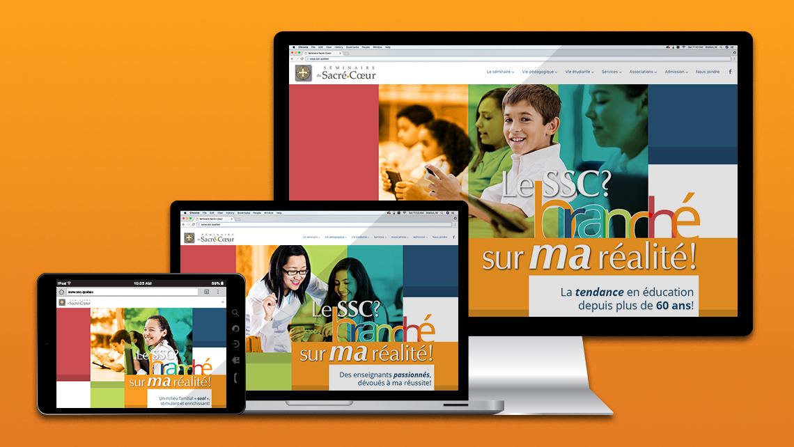 Home page of the Sacred Heart Seminar displayed on computer, tablet, and phone, with sections on programs, digital learning, and extracurricular activities.